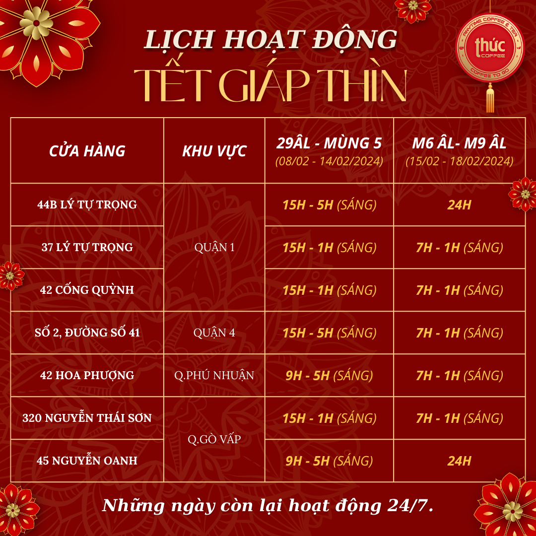 LỊCH HOẠT ĐỘNG TẾT GIÁP THÌN 2024 CỦA THỨC COFFEE